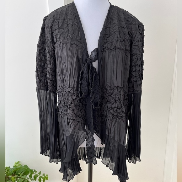 Joseph Ribkoff Jackets & Blazers - JOSEPH RIBKOFF Sheer Bell Sleeve Tie Front Black Jacket Crinkle High Low Ruffle